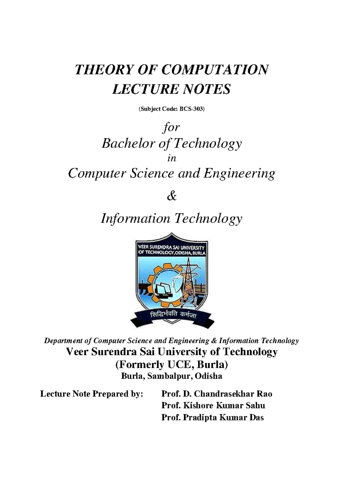 Theory Of Computation Lecture Notes - THEORY OF COMPUTATION LECTURE ...