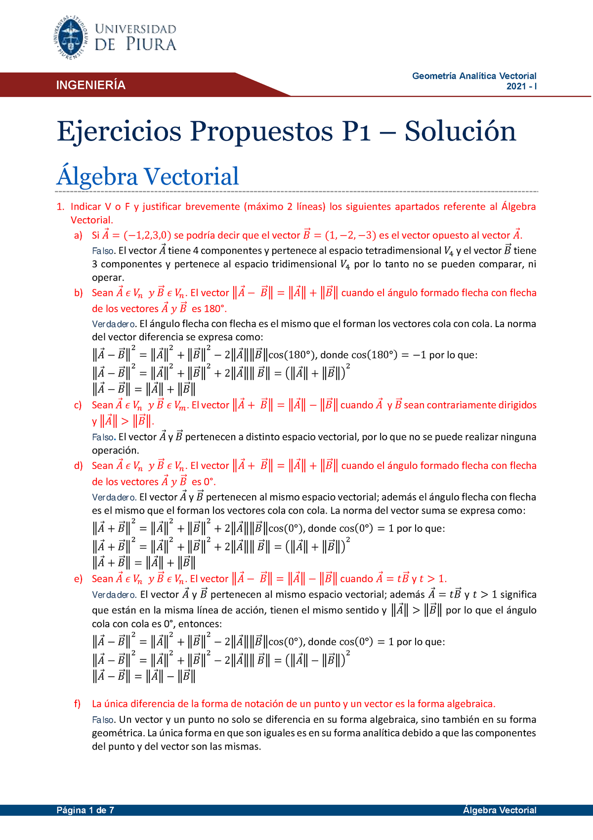 Ejercicios P1 - Solución - Geometría Analítica Vectorial 2021 - I ...