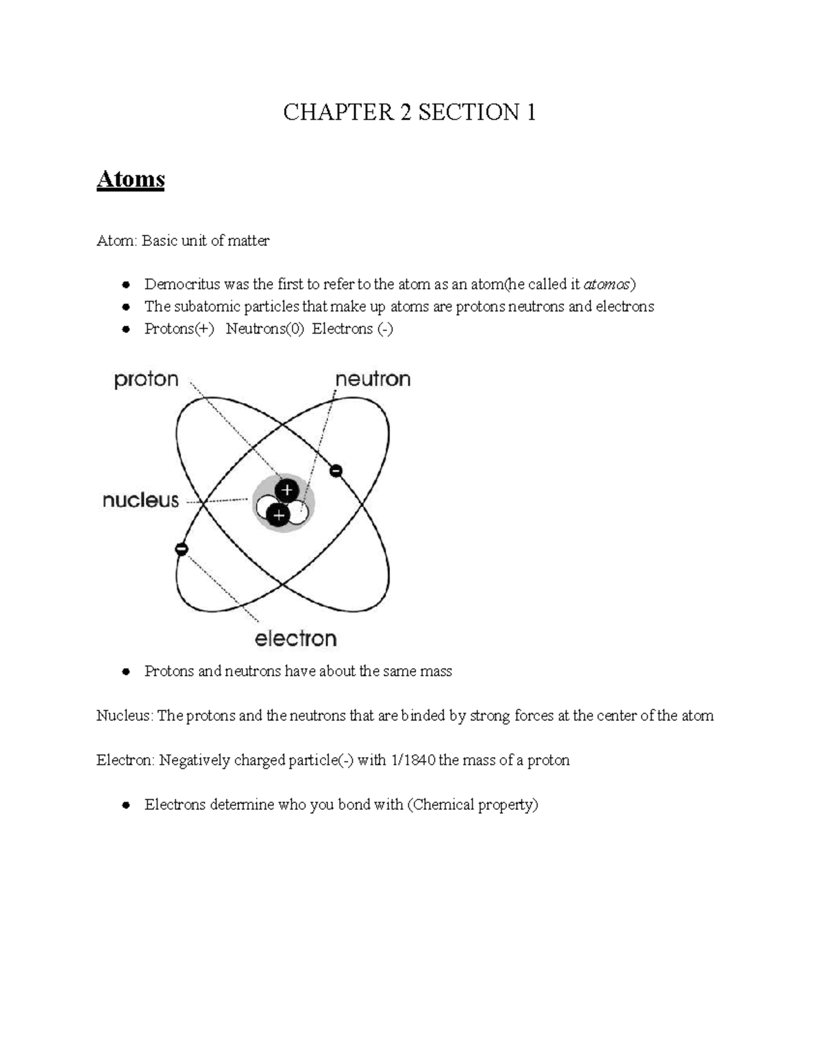 Chemistry unit guide - CHAPTER 2 SECTION 1 Atoms Atom: Basic unit of ...