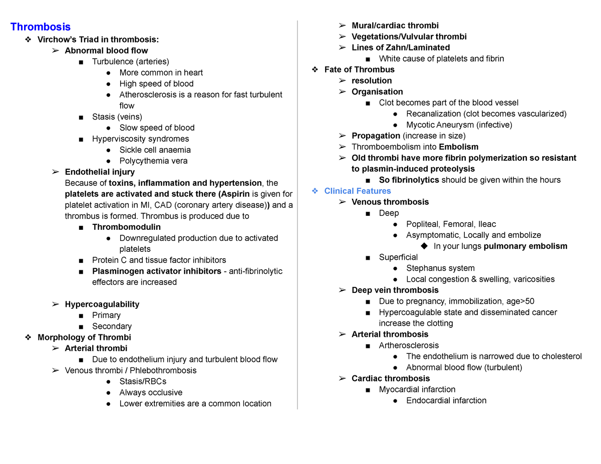 Thrombosis pathology - Summaries - Thrombosis Virchow’s Triad in ...