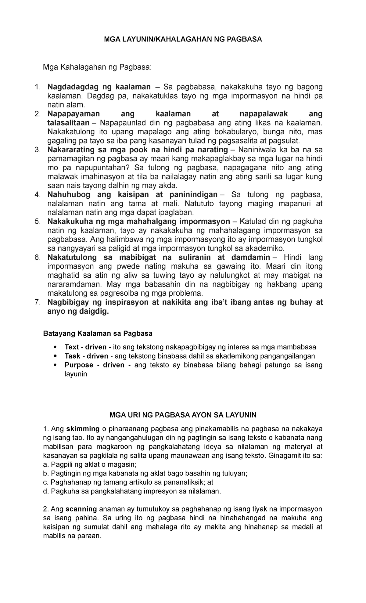 2. Layunin At Kasanayan Ng Pagbasa - MGA LAYUNIN/KAHALAGAHAN NG PAGBASA ...