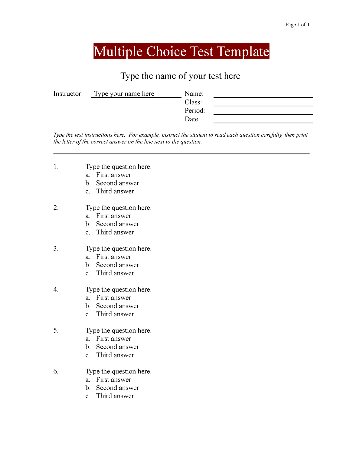 Multiple Choice Test Template For Microsoft Word - Page 1 Of 1 Multiple ...