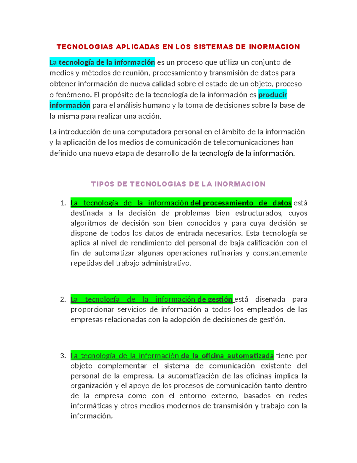 Introducion a la informtica - TECNOLOGIAS APLICADAS EN LOS SISTEMAS DE ...