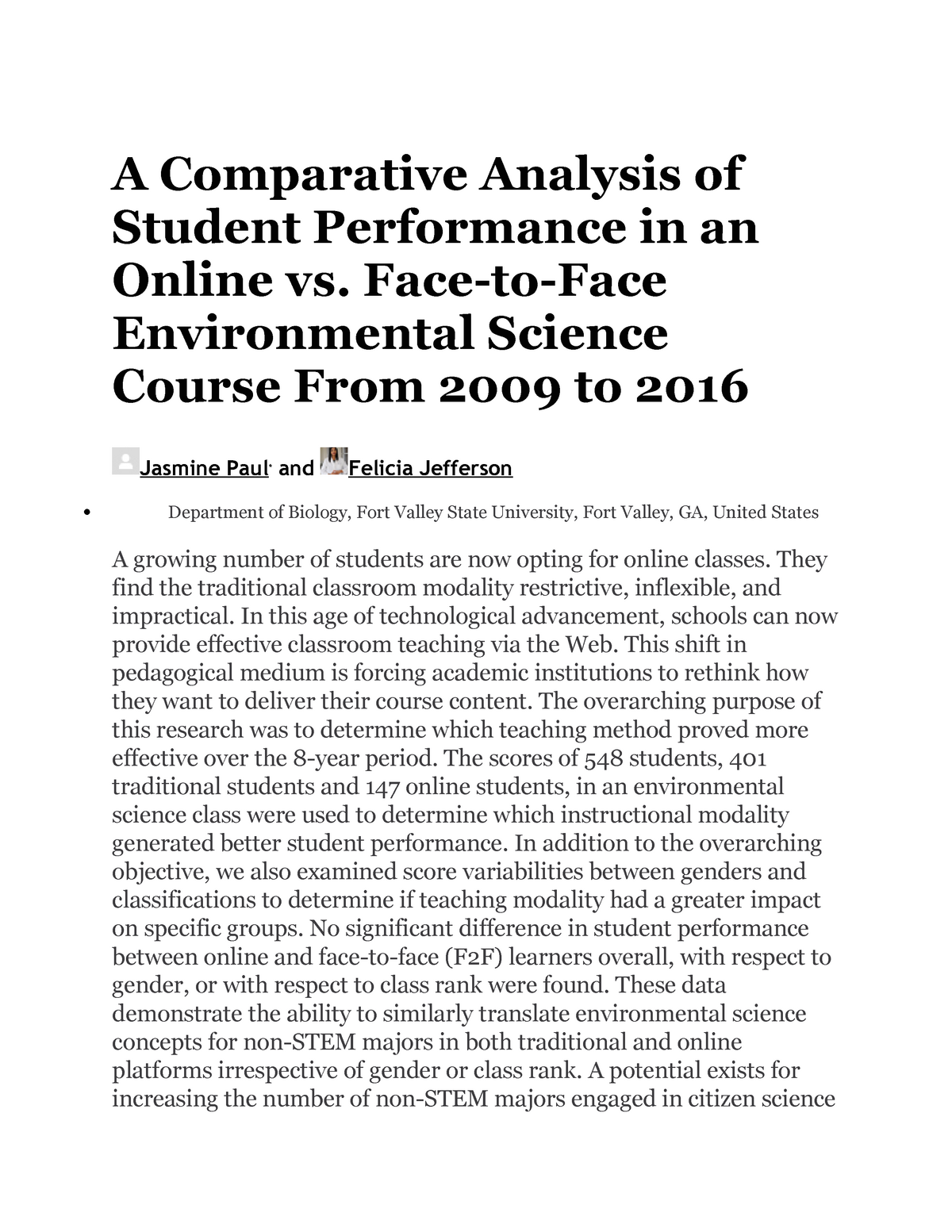 A Comparative Analysis Of Student Performance In An Online Vs ...