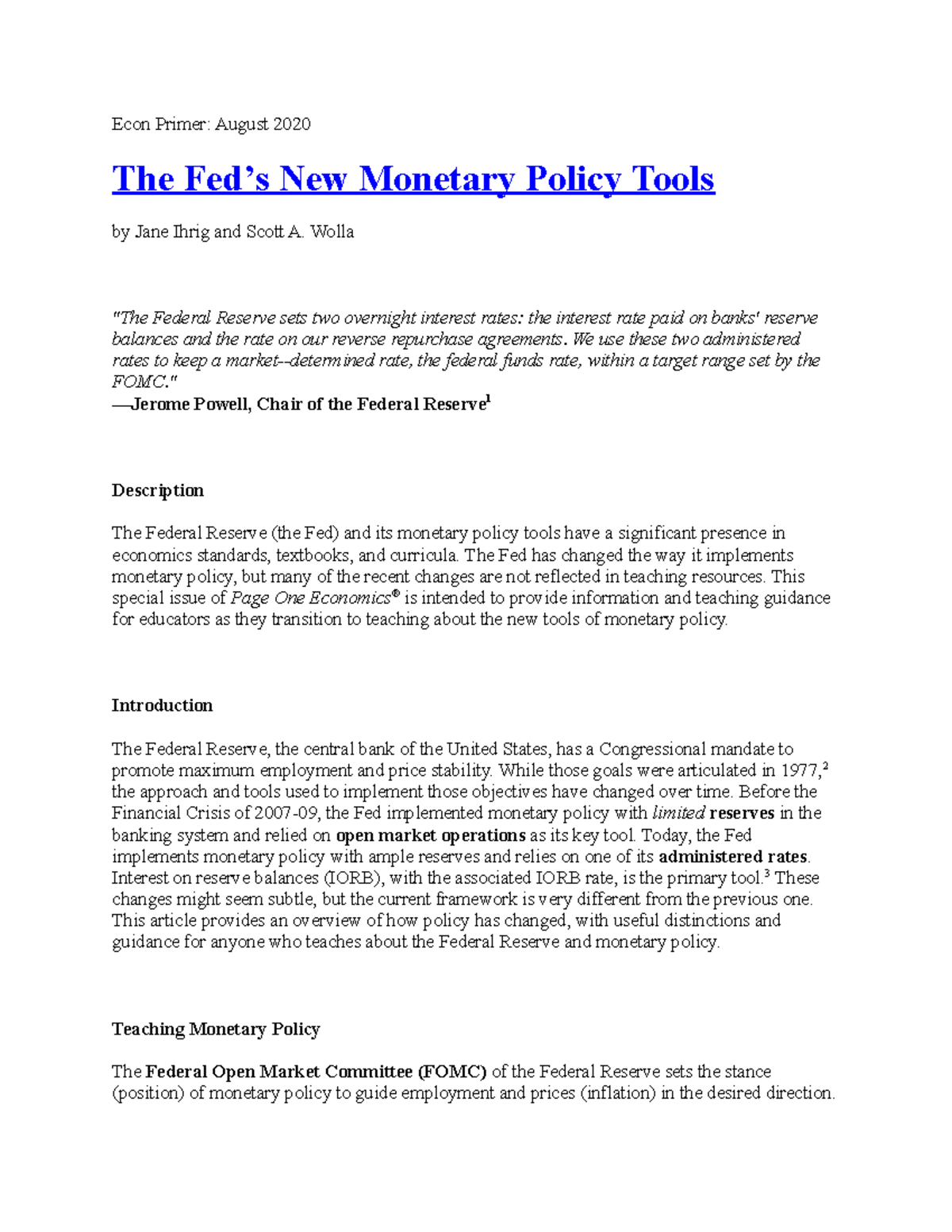 The Feds New Monetary Policy Tools - Econ Primer: August 2020 The Fed’s ...