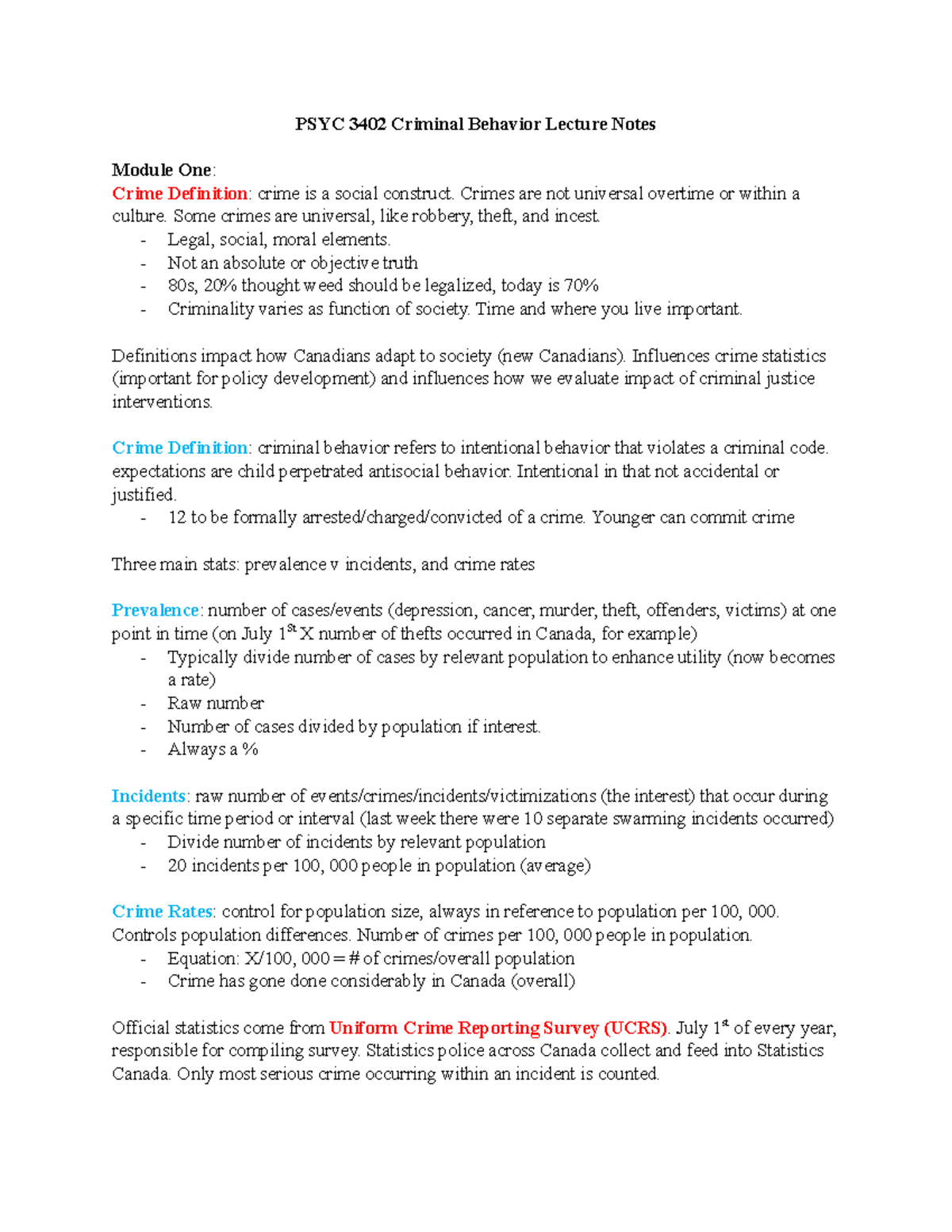 Lecture Notes - PSYC 3402 Criminal Behavior Lecture Notes Module One ...