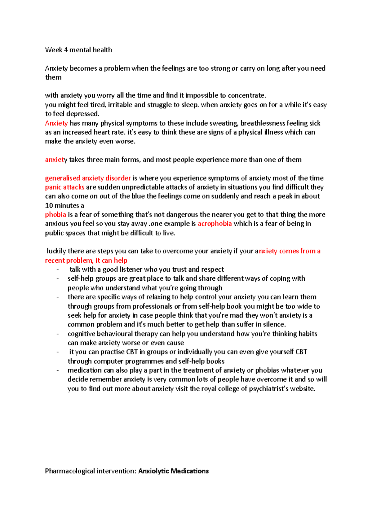 Week 4 mental health and supportive care - Week 4 mental health Anxiety ...