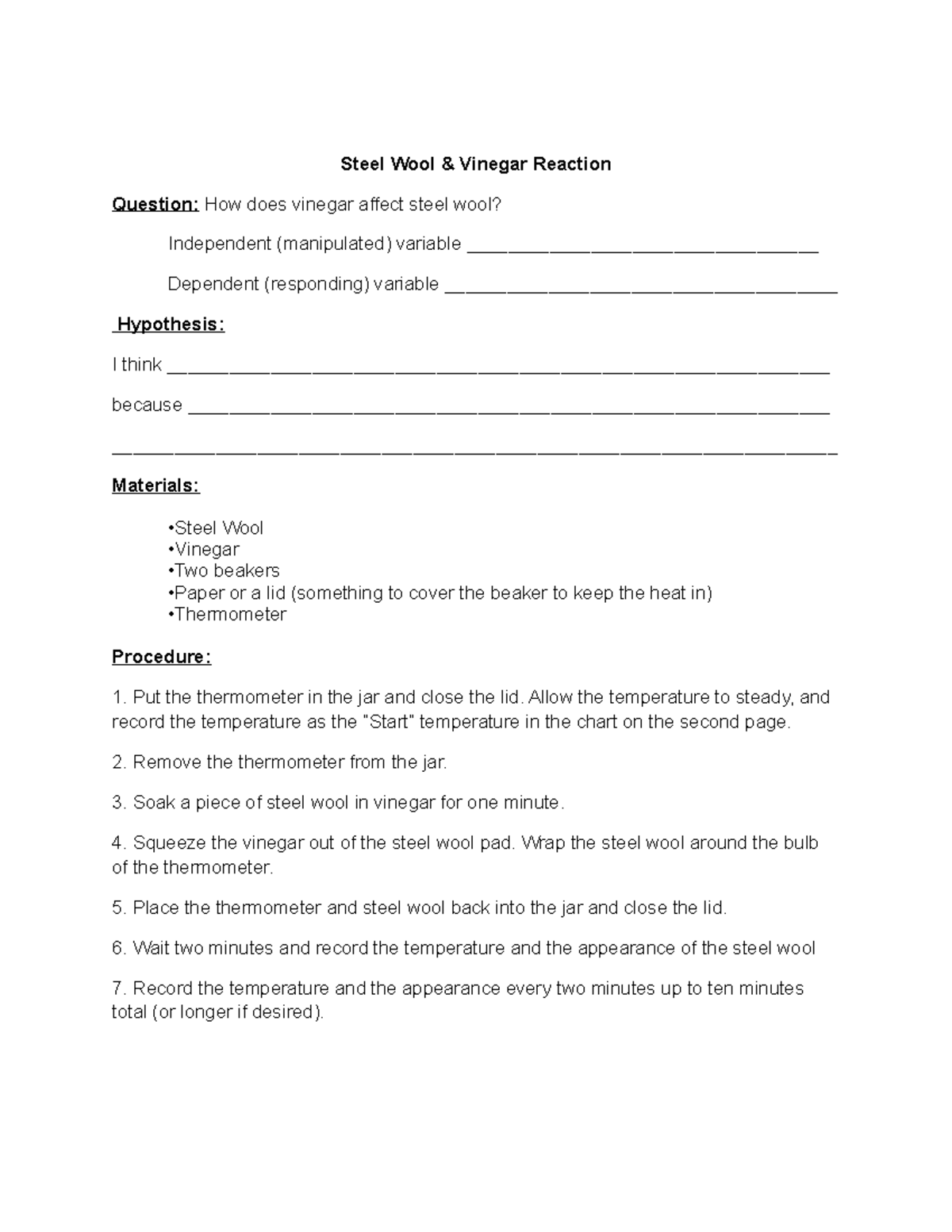 Demo Steel Wooland Vinegar Lab Steel Wool & Vinegar Reaction Question