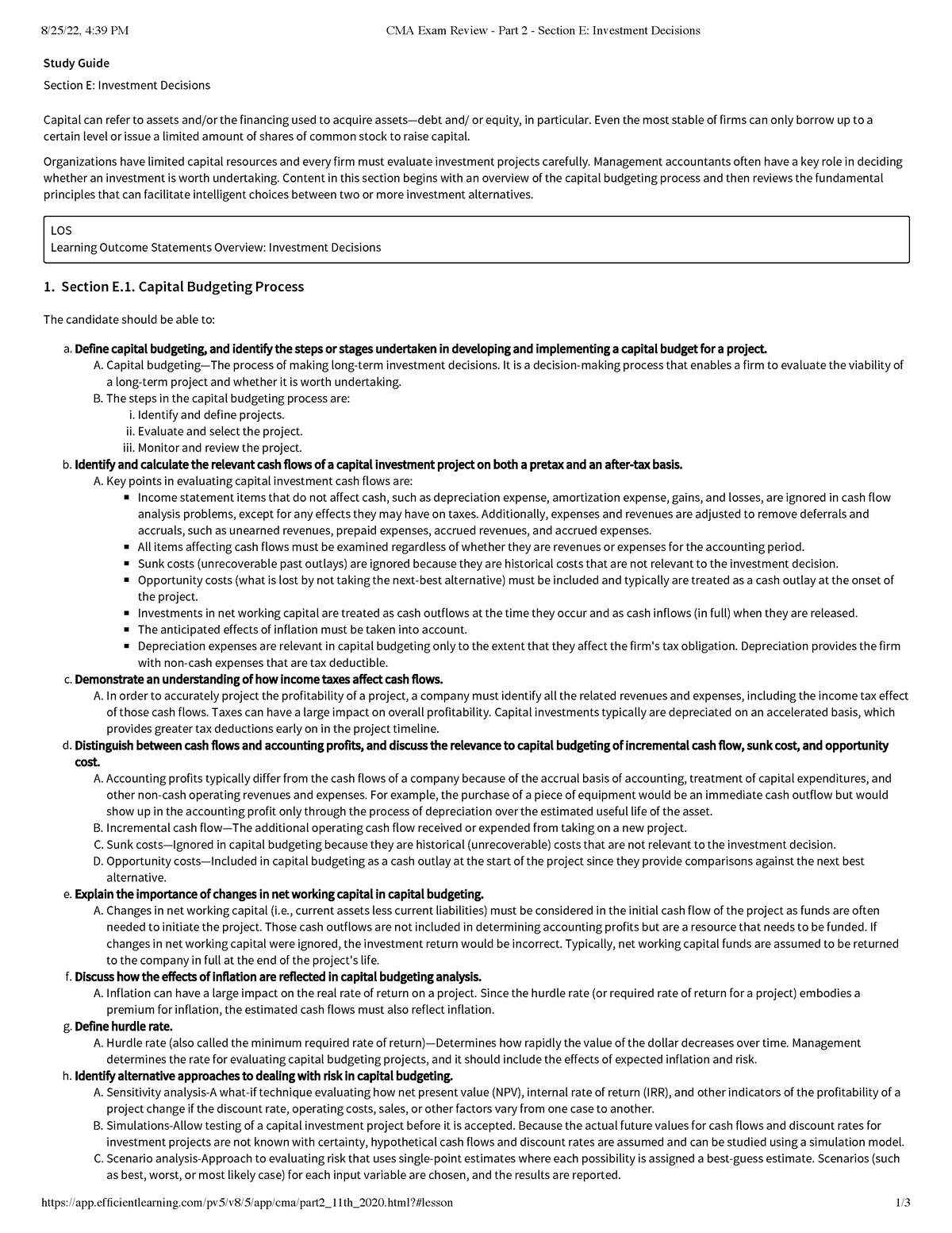 CMA Exam Review Part 2 Section E Investment Decisions Studocu