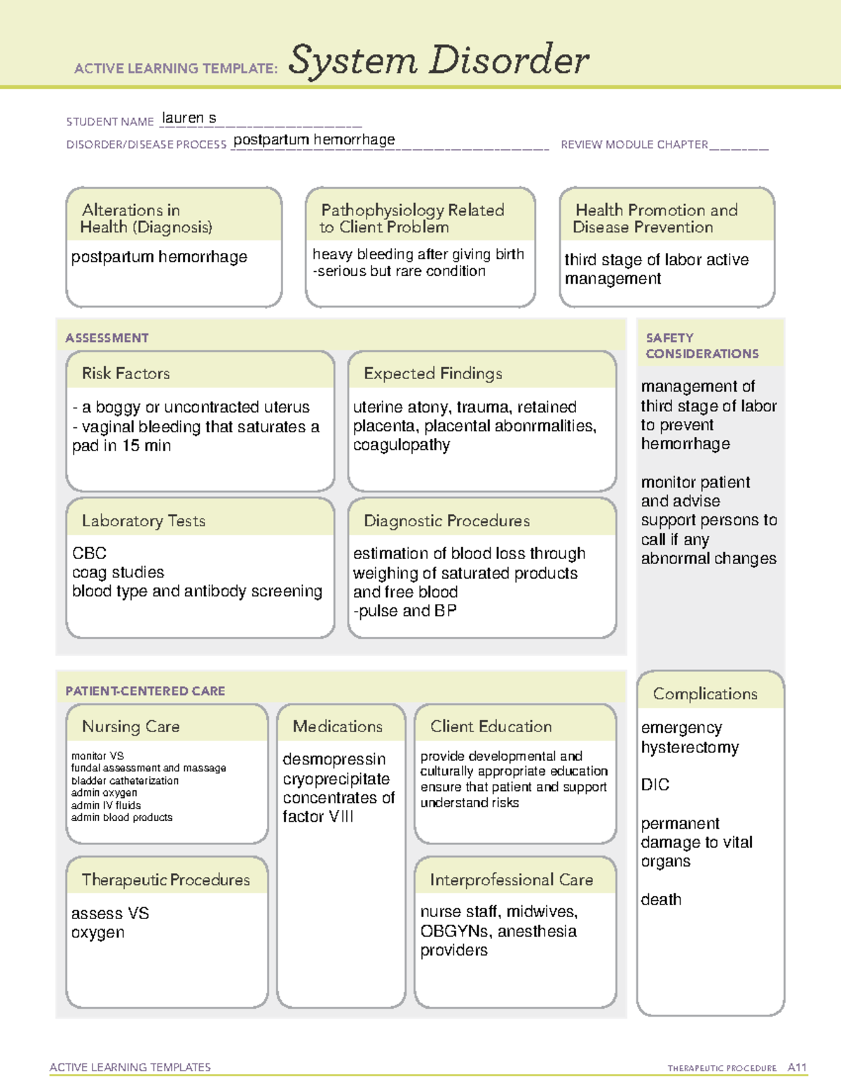 Ati System Disorder Template Postpartum Hemorrhage