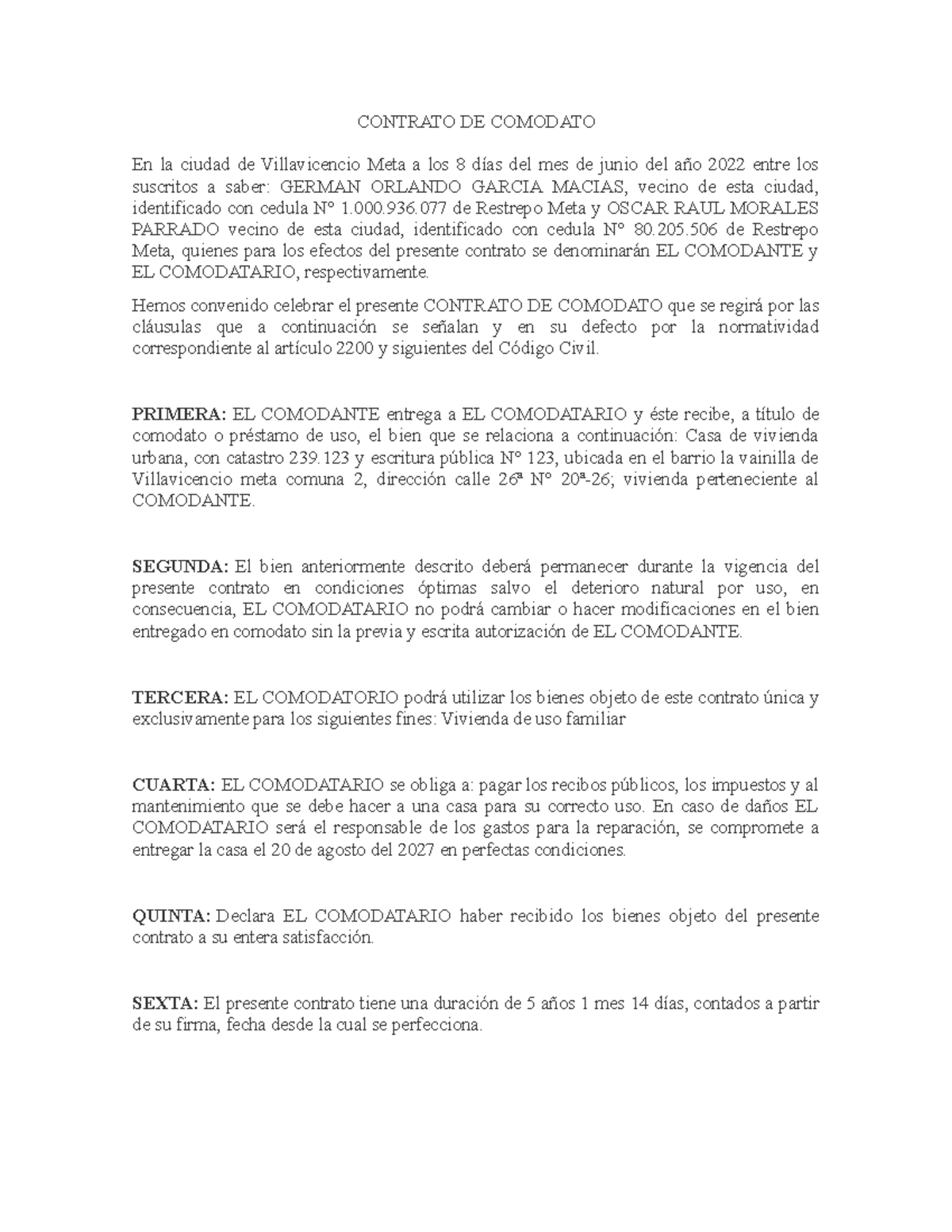 Contrato De Comodato Minuta Word
