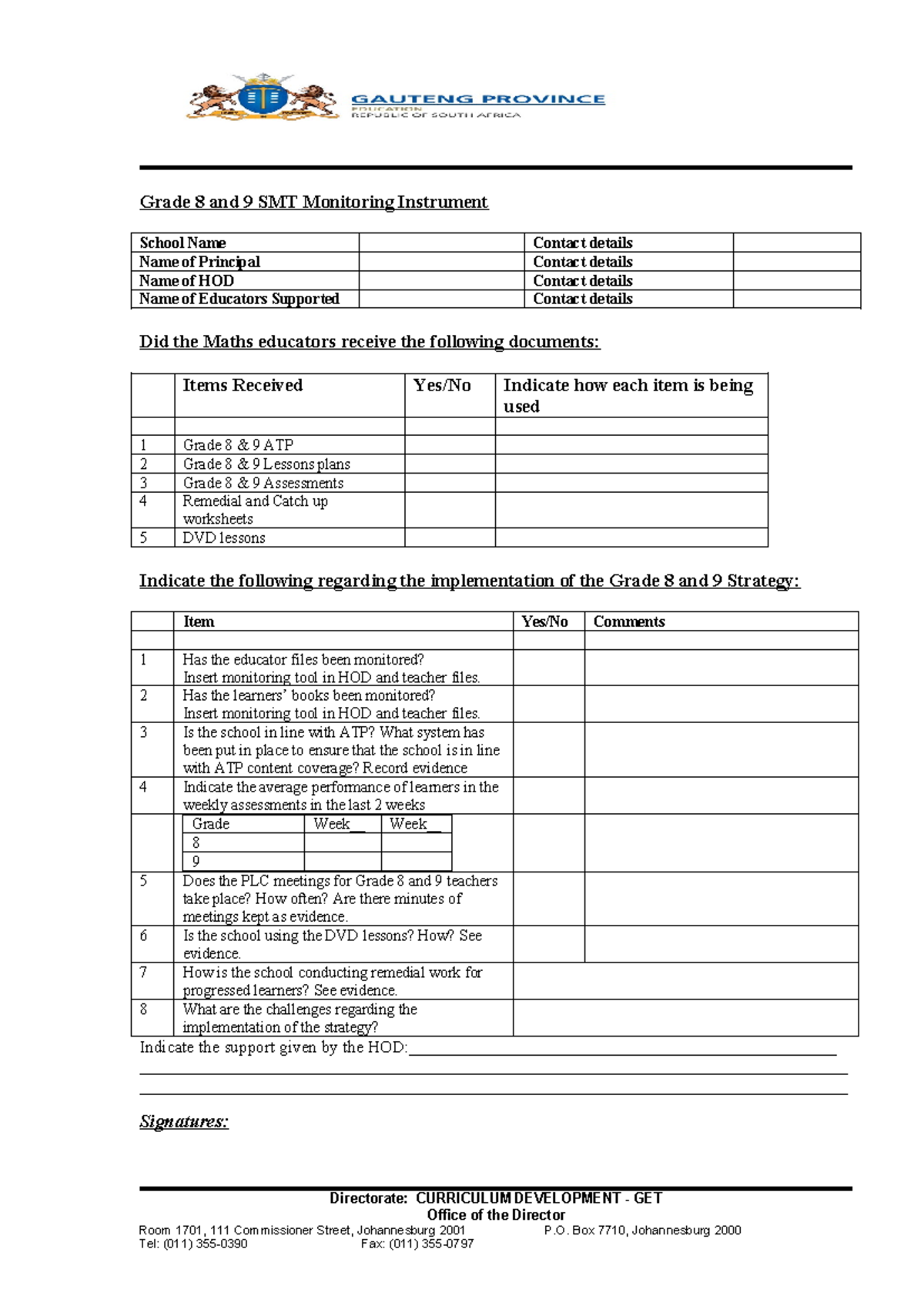 Final SMT Monitoring Tool for Strategy - Grade 8 and 9 SMT Monitoring ...