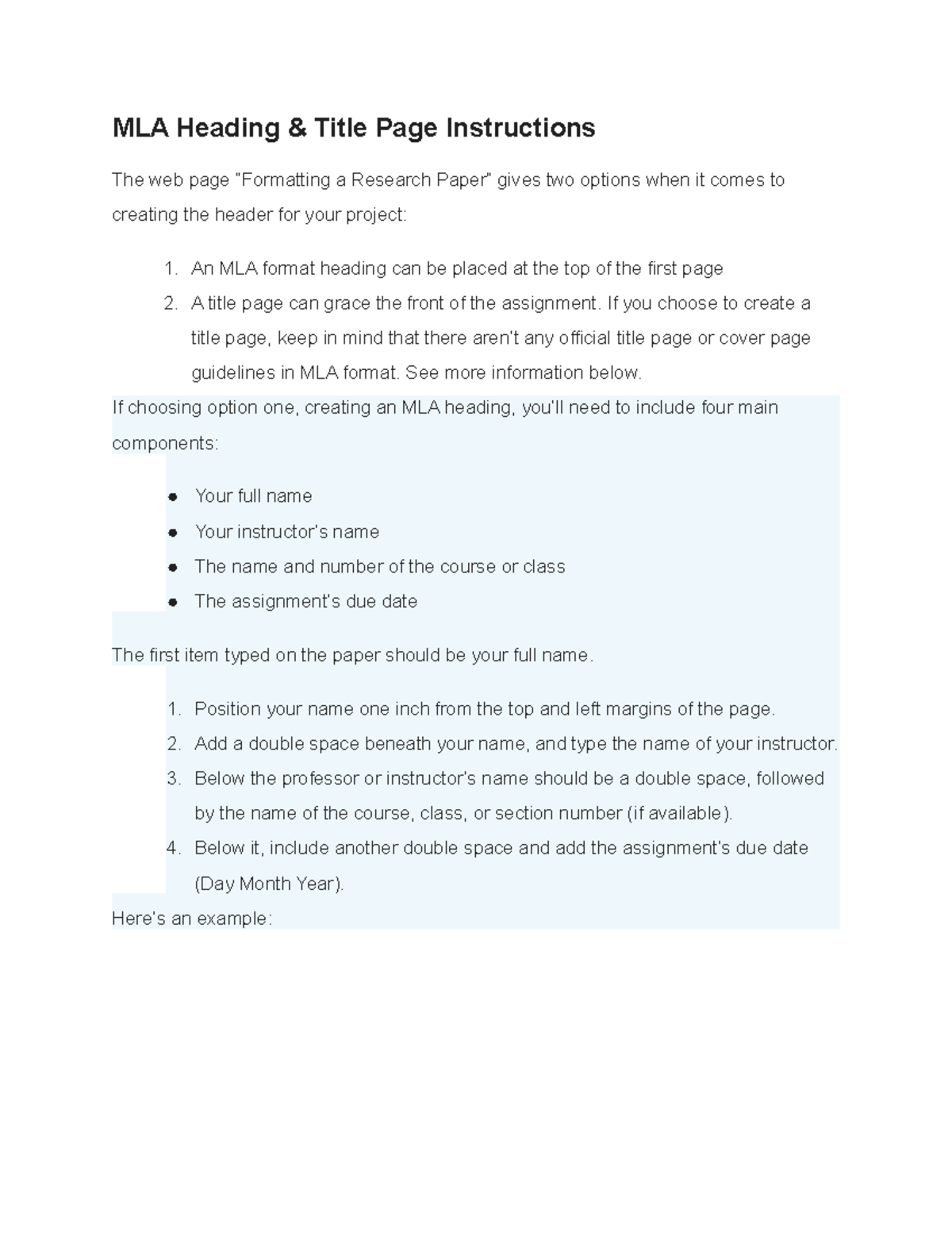 MLA format Title page - MLA Heading & Title Page Instructions The web ...