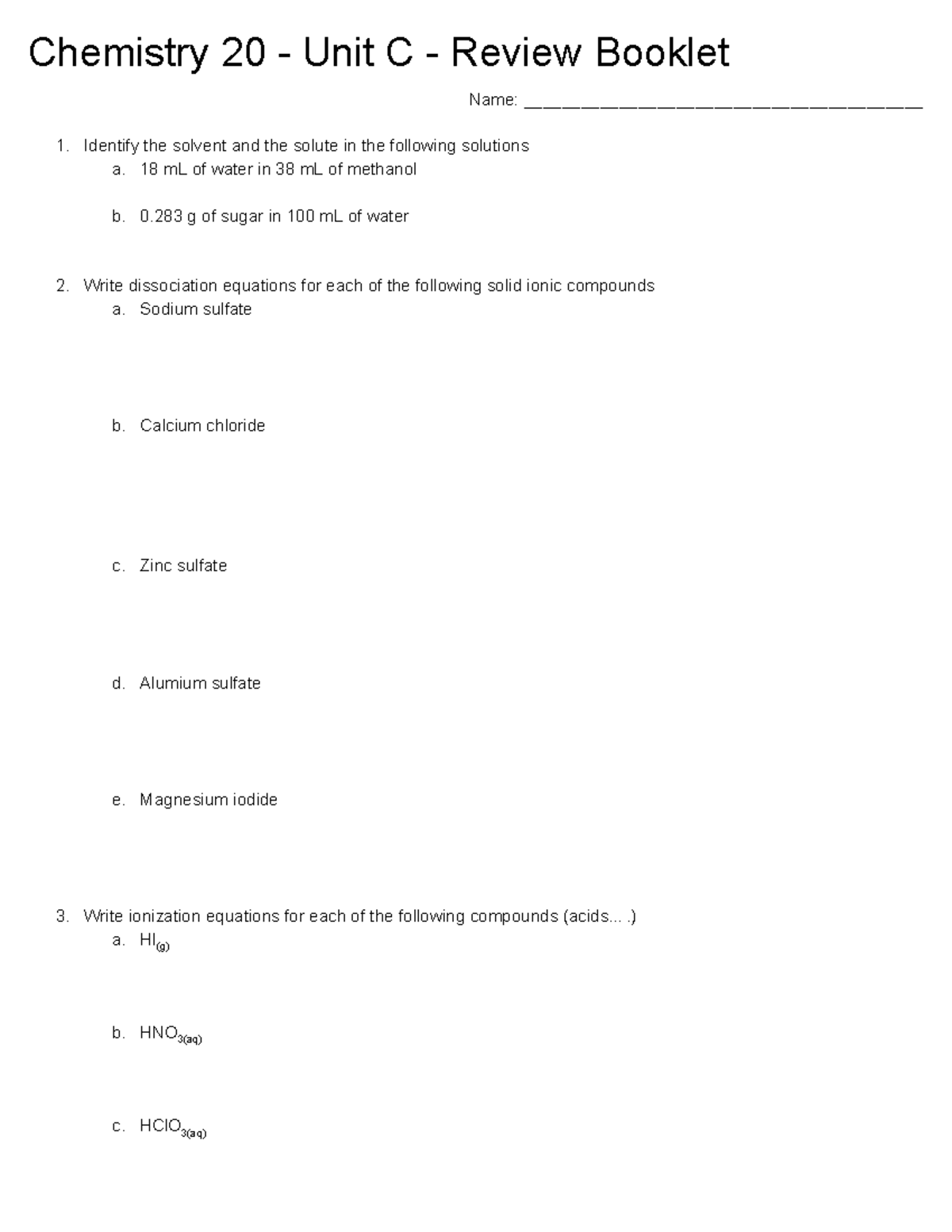 Review Booklet - Chemistry 20 - Unit C - Review Booklet Name: - Studocu