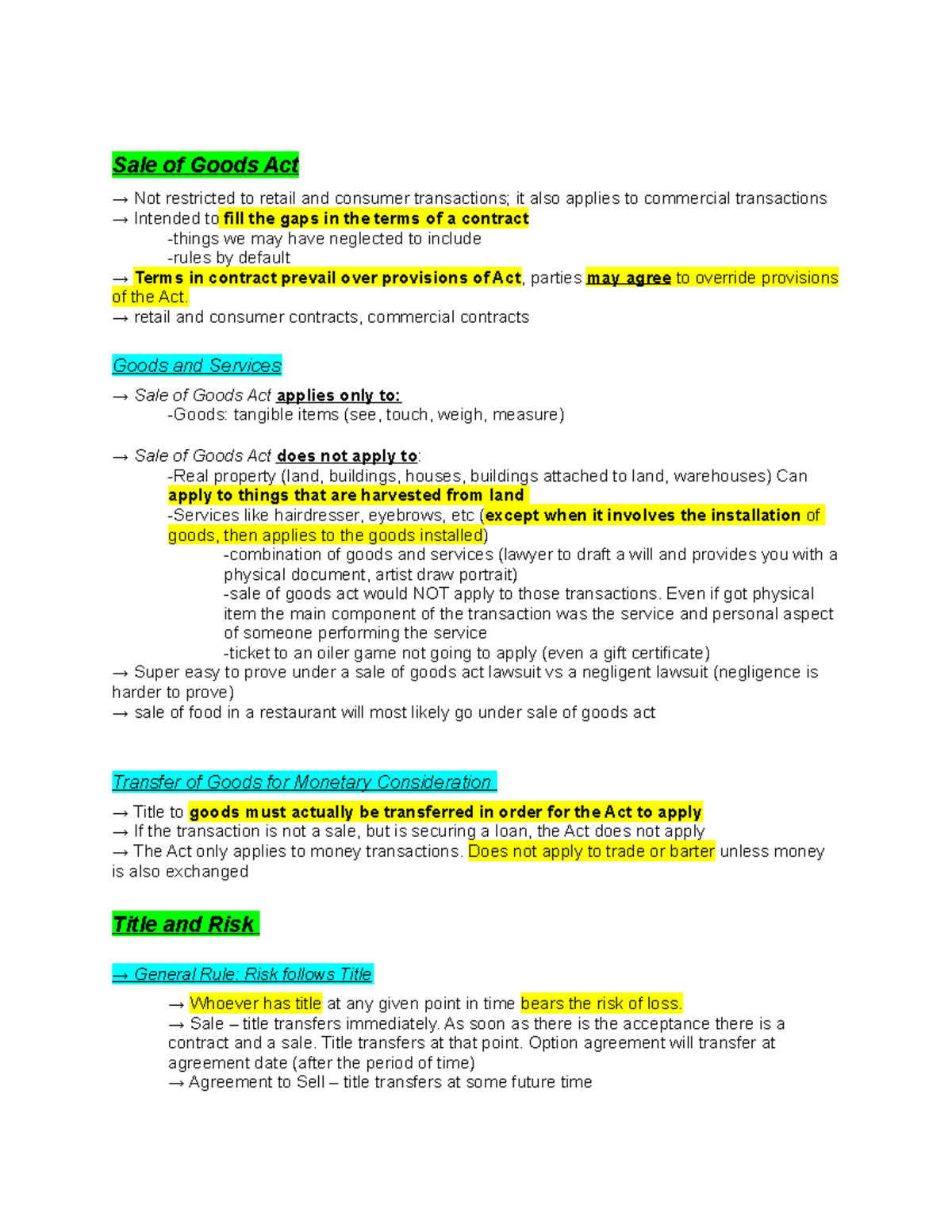 BLAW403midtermstudy - B Law Midterm - Sale Of Goods Act → Not ...