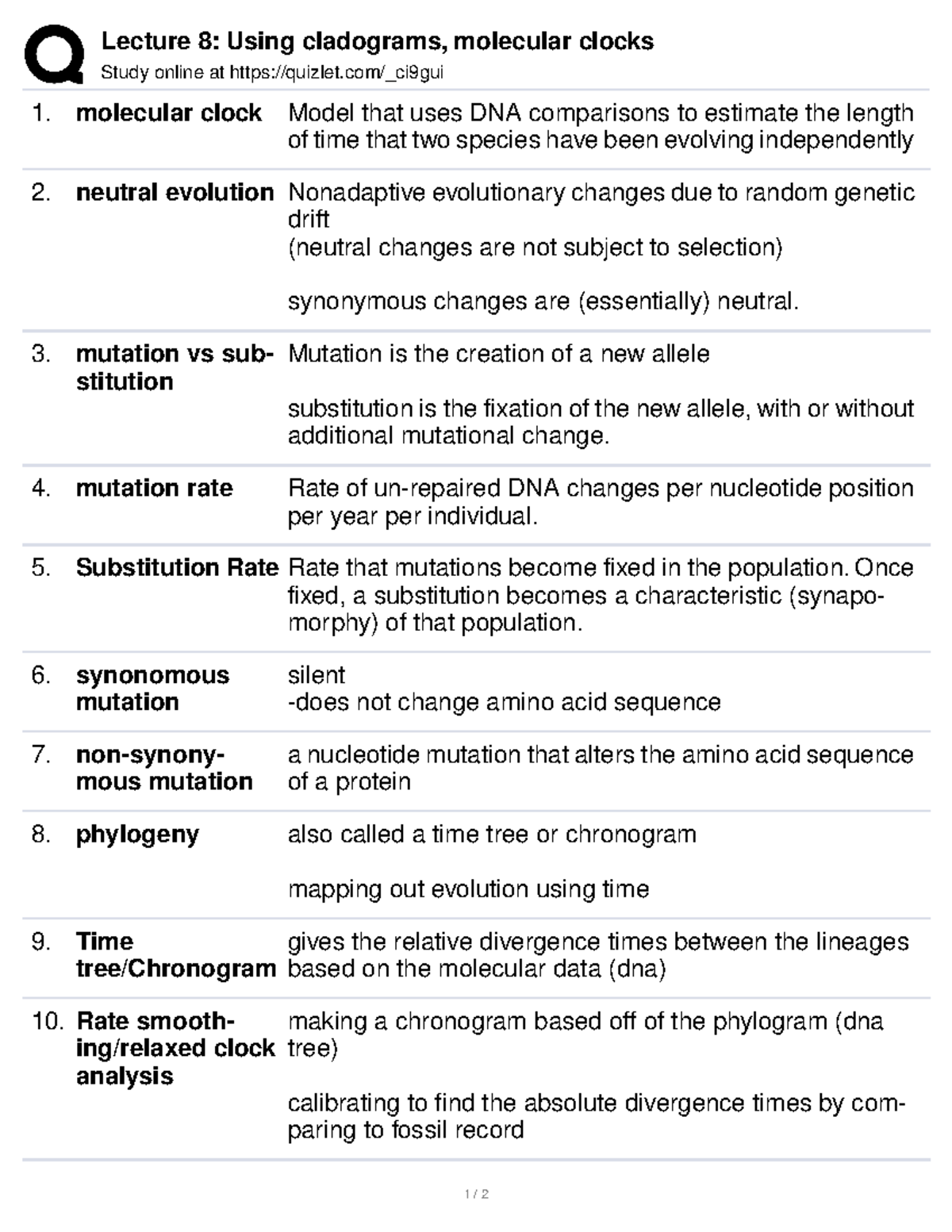Study Guide Lecture 8 Lecture 8 Using cladograms, molecular clocks