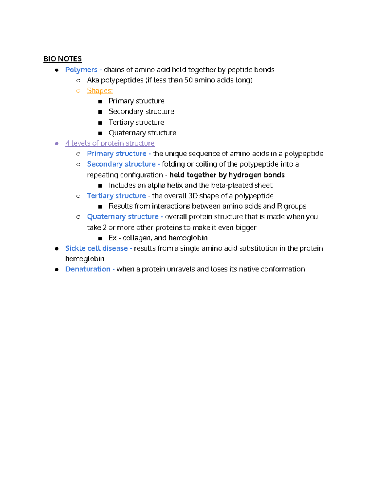 BIO Notes protein - BIO NOTES Polymers - chains of amino acid held ...