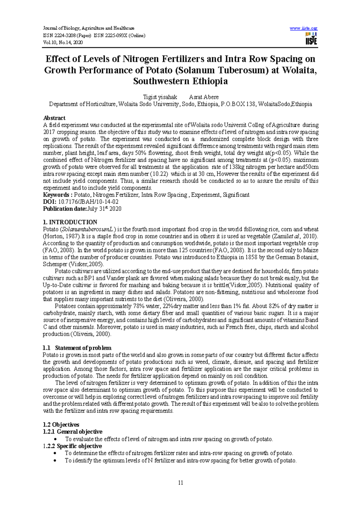 Effect of Levels of Nitrogen Fertilizers and Intra Row Spacing - O 138 ...