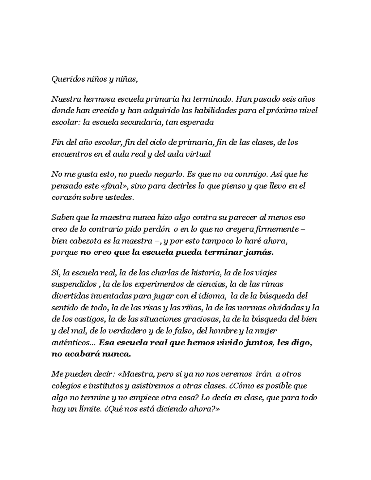 Discurso De Despedida De Graduación De La Escuela Secundaria Carta De
