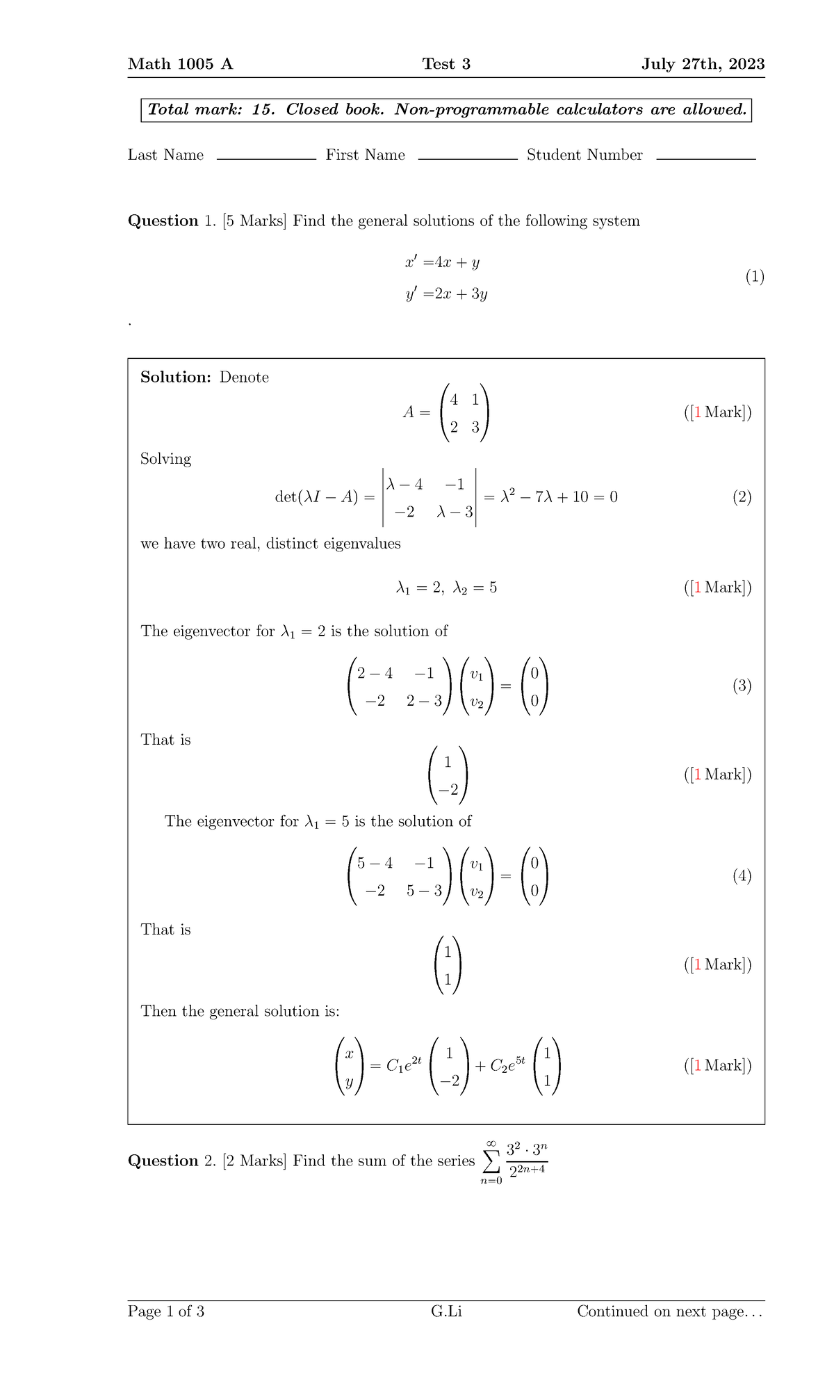 Solutions-Math 1005 Test 3 2023 Summer - Math 1005 A Test 3 July 27th ...