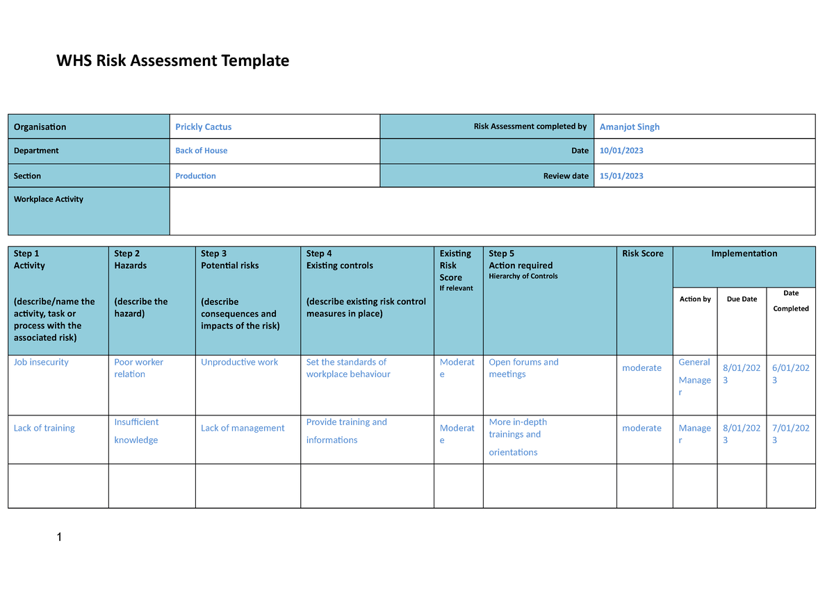 Sitxwhs 003 Assessment Risk Assessment Template Situation 2v10
