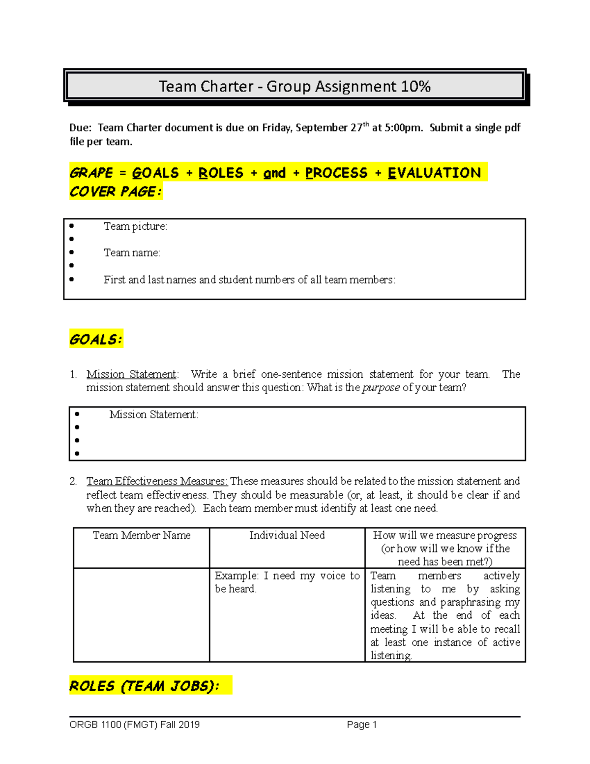 Lecture 1 Team Charter ORGB 1100 Organizational Behaviour - Team ...