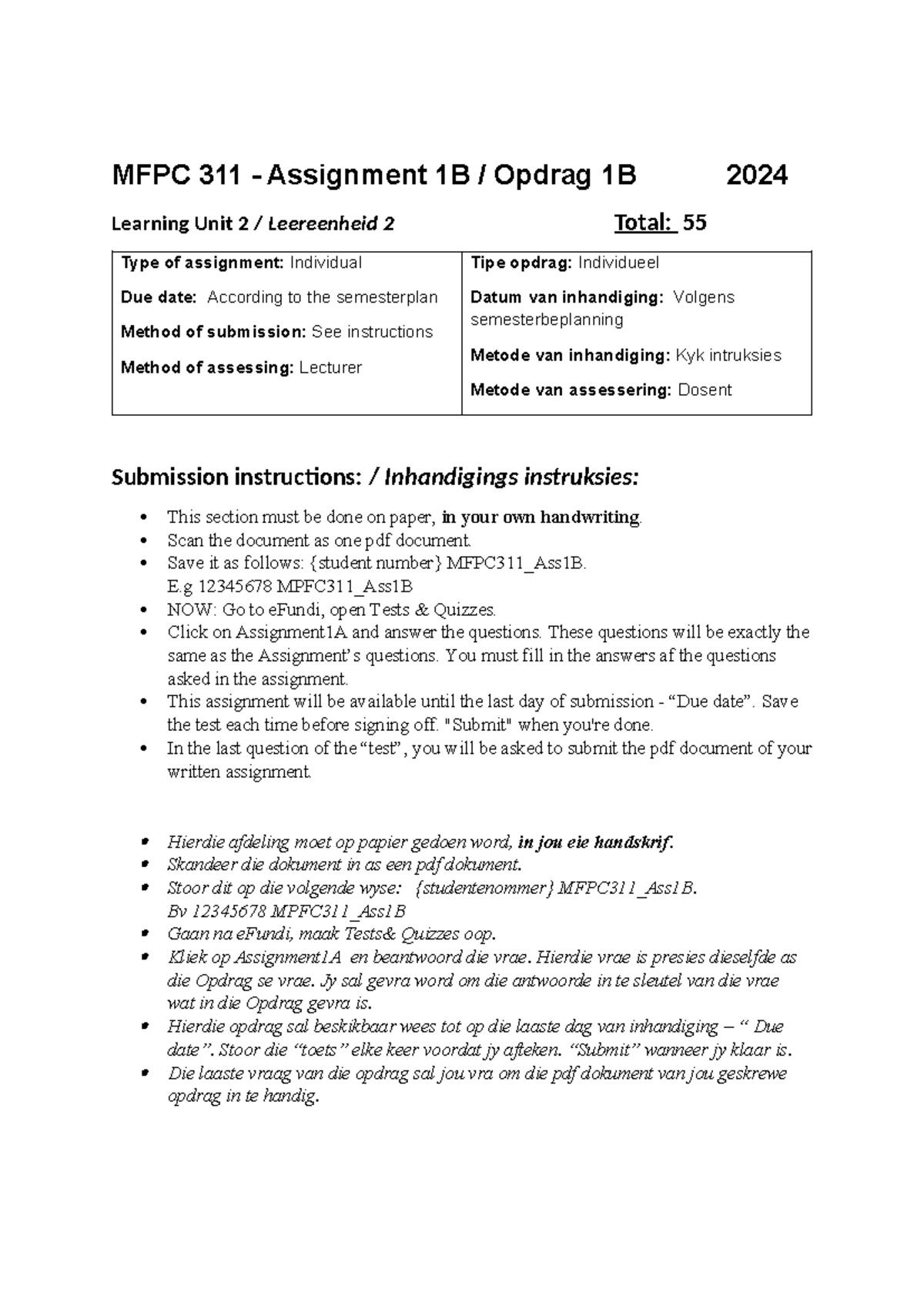 MFPC 311 Opdrag 1B - 2024 - MFPC 311 - Assignment 1B / Opdrag 1B 2024 ...