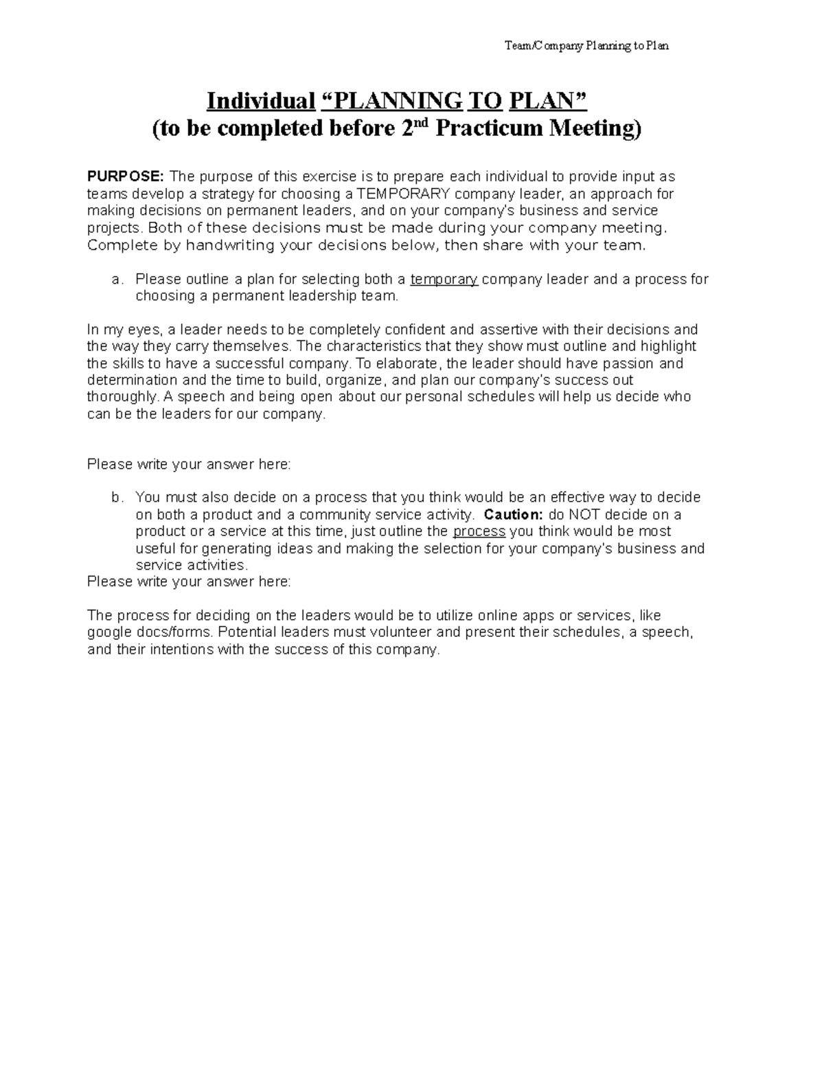 Planning to plan ind - This is how to plan in practicum. - Team/Company ...