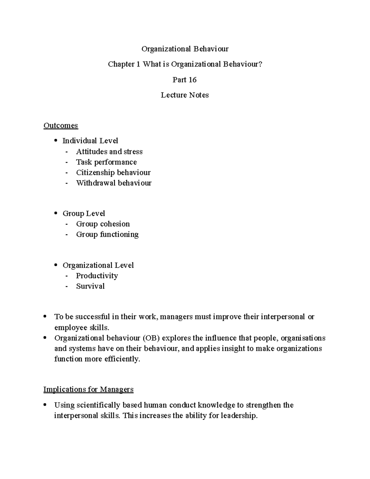 Organizational Behaviour Lecture Notes Ch 1 Part 17 - Organizational ...