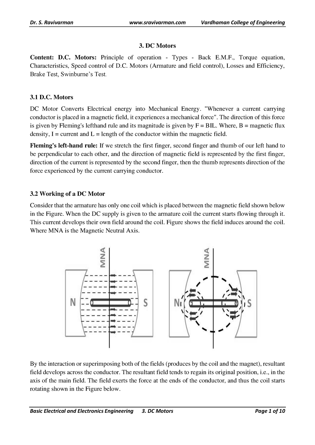 BEEE 3 DC Motors Lecture Notes - DC Motors Content: D. Motors ...