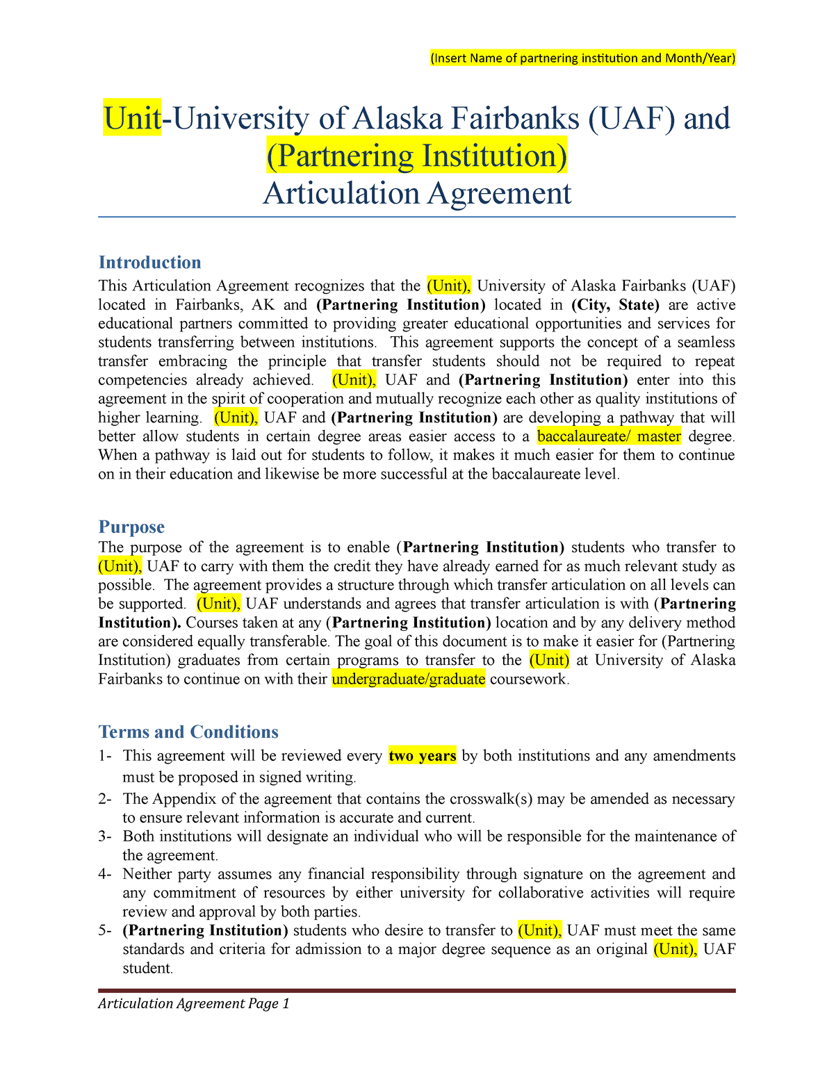 Academic Articulation Agreement Template JUNE 2019 - Unit-University Of ...