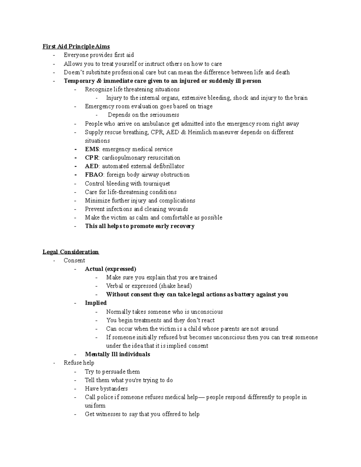 Chapter 1 - Professor Donohue's class; notes - First Aid Principle Aims ...