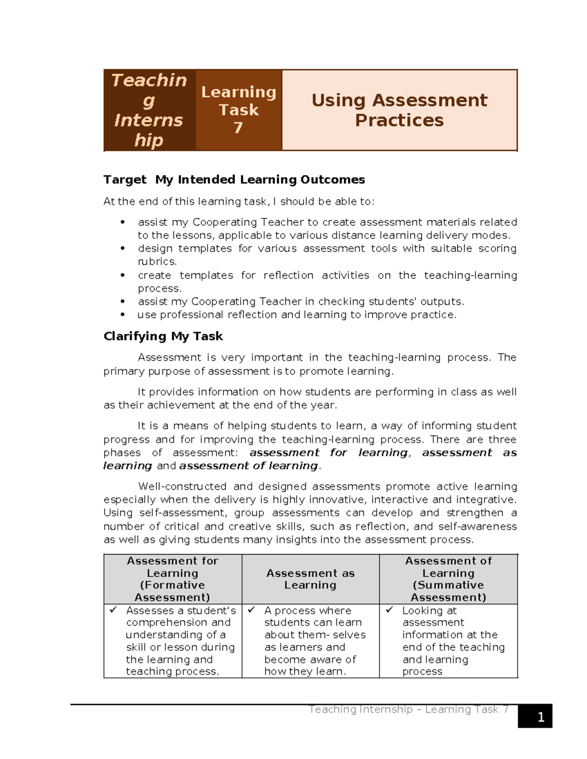 Learning Task 7 Using Assessment Practices Teaching Internship