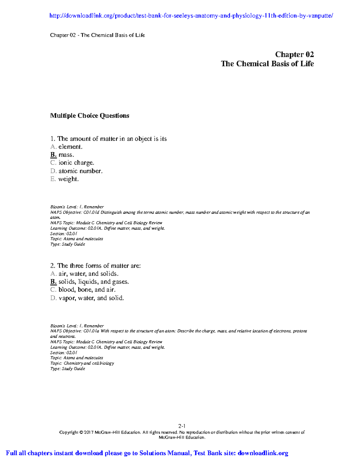 Test Bank Seeleys - Chemical Basis Of Life - Chapter 02 - The Chemical ...