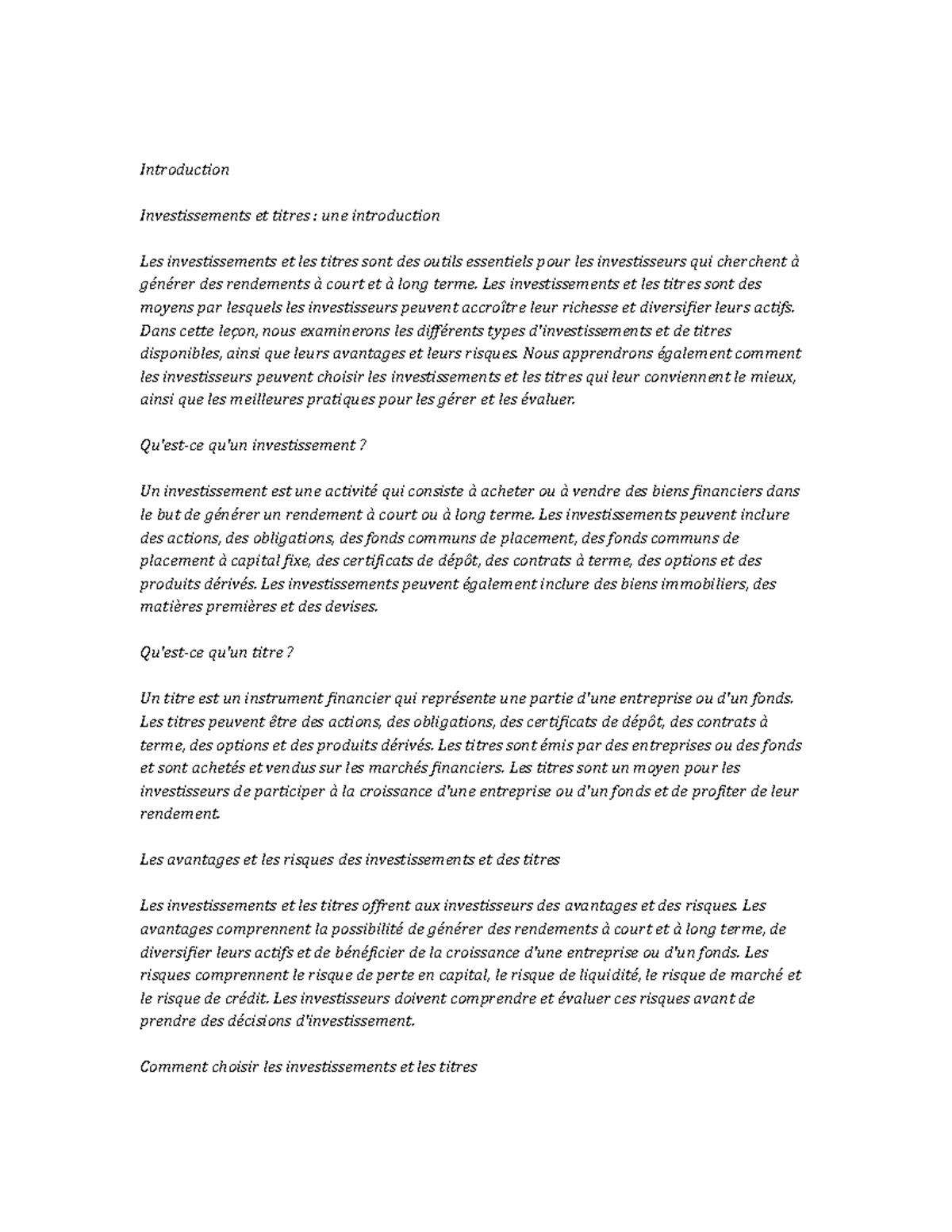 Investments and Securities note study - Introduction Investissements et ...