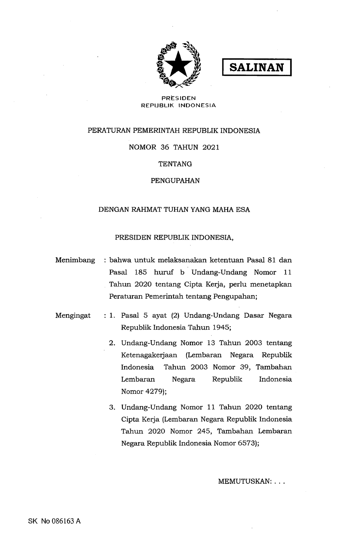 PP Nomor 36 Tahun 2021 - SALIN AN PRES I DEN REPUBLIK INDONESIA ...