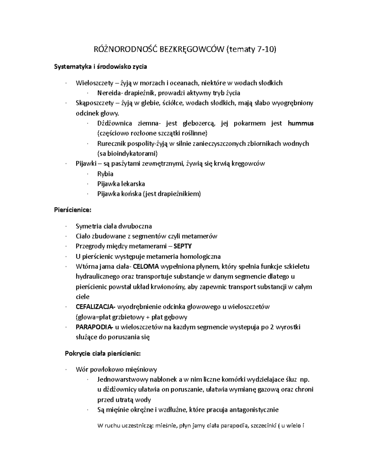 BezkrĘ Gowce - Notatki - RÓŻNORODNOŚĆ BEZKRĘGOWCÓW (tematy 7-10