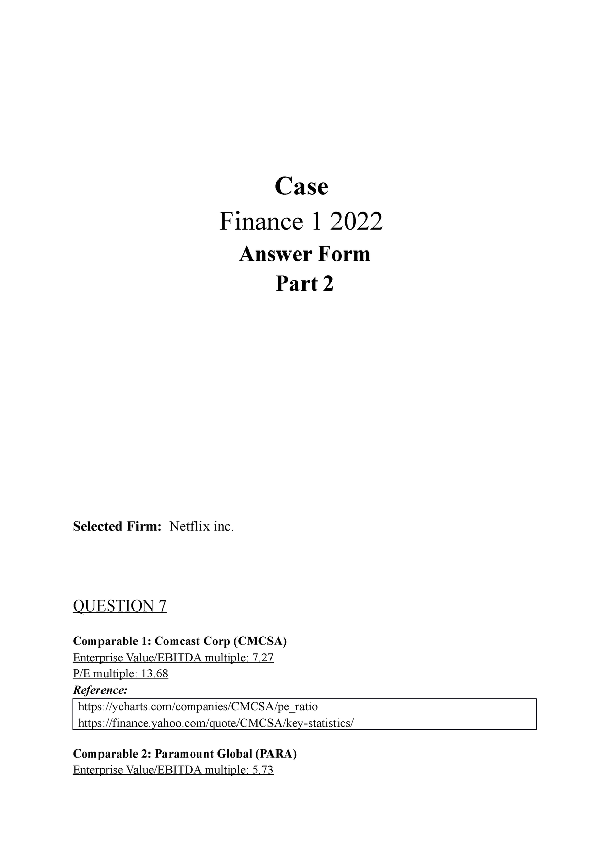 Anwer Form Case Part 2 Case Finance 1 2022 Answer Form Part 2