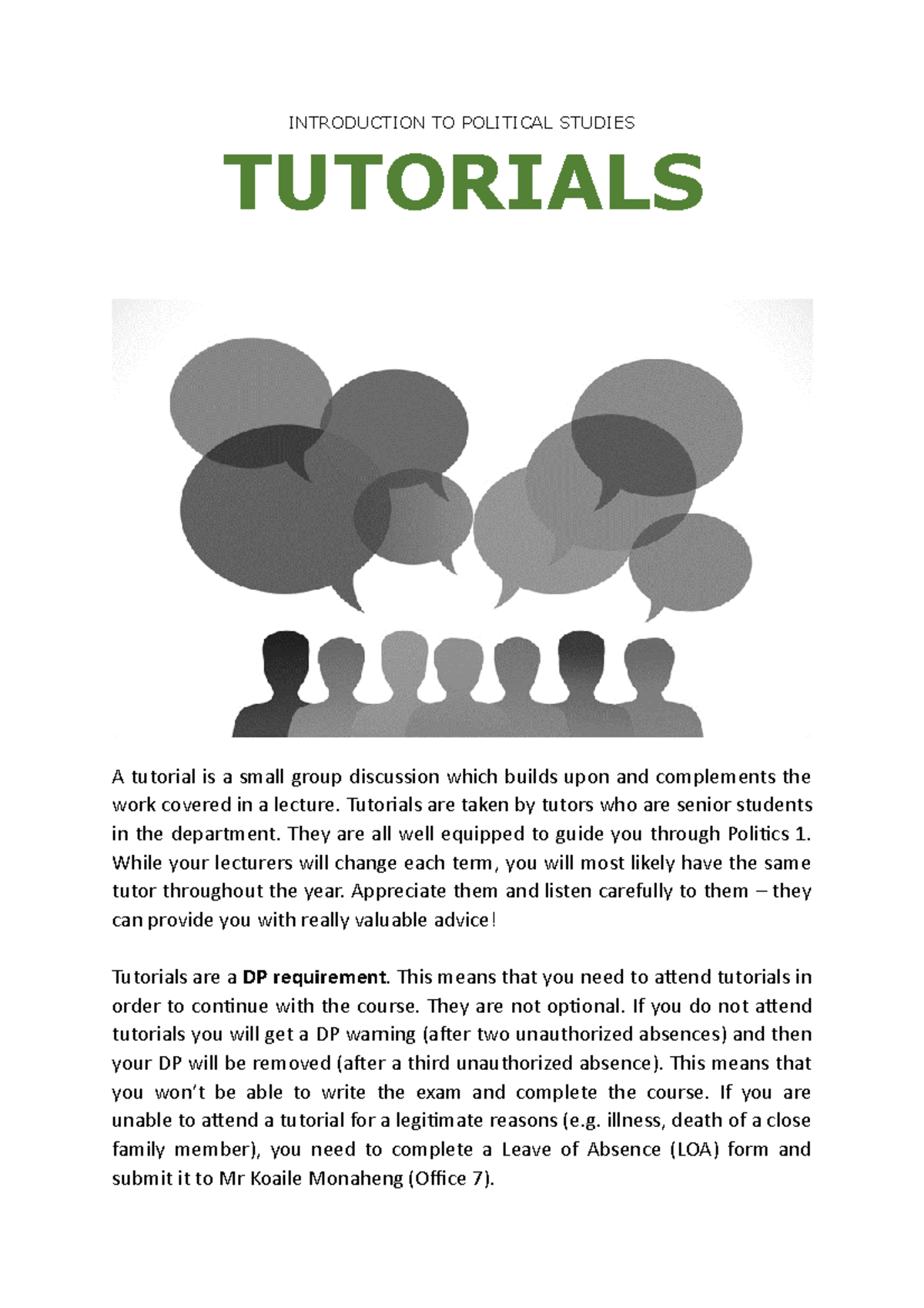 Tutorial Assignments - INTRODUCTION TO POLITICAL STUDIES TUTORIALS A ...