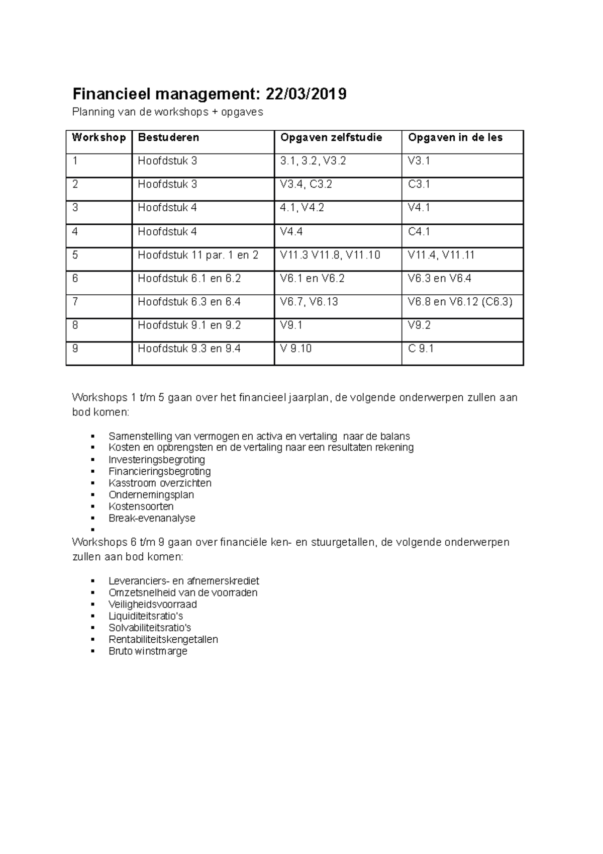 Financieel Management Inhoud - Financieel Management: 22/03/ Planning ...