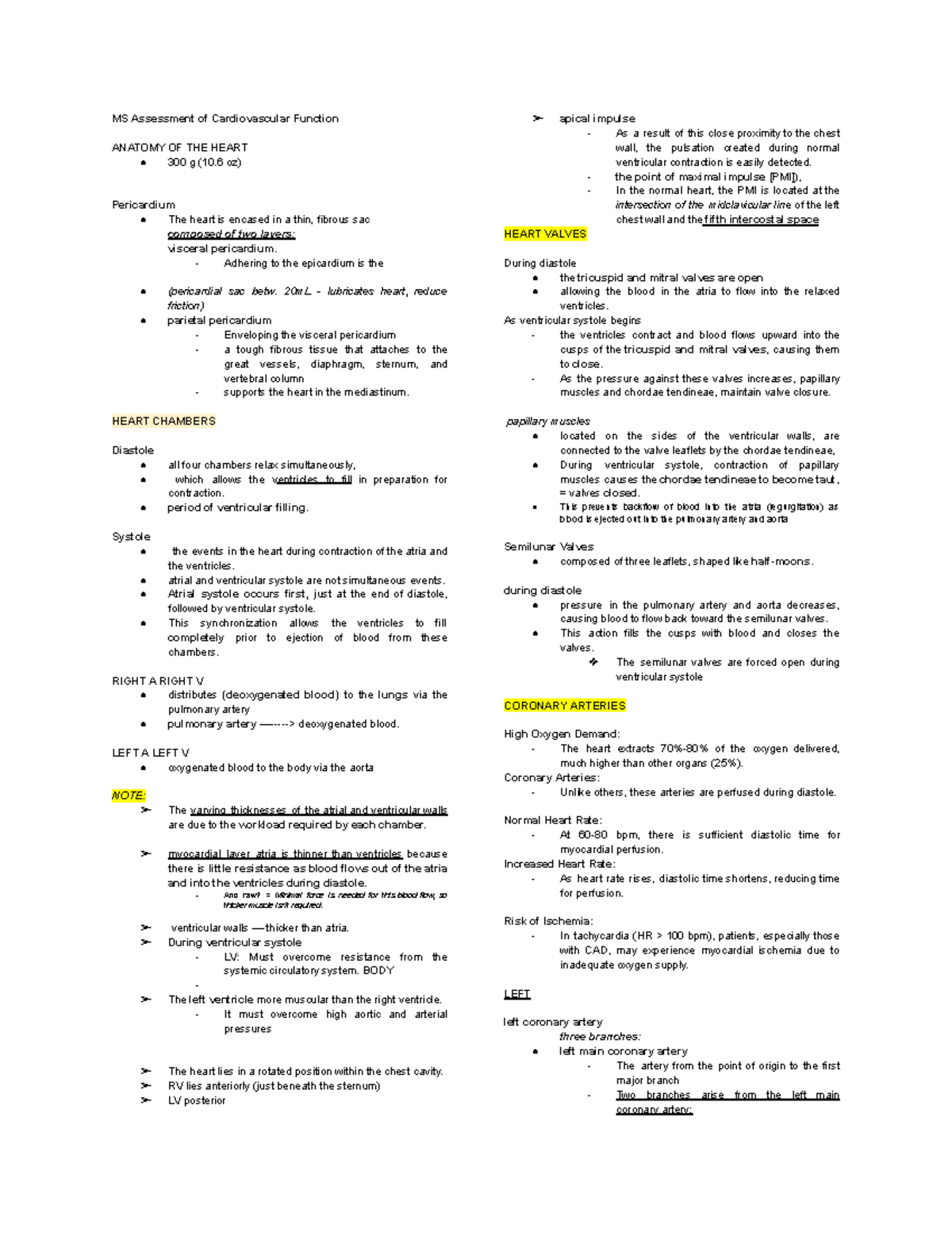 Cardio reviewer ms - MS Assessment of Cardiovascular Function ANATOMY ...