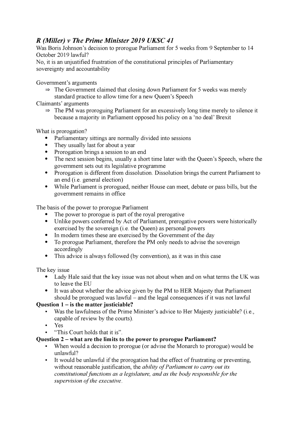 Miller Case No 2 - Lecture Notes 1 - R (Miller) V The Prime Minister ...