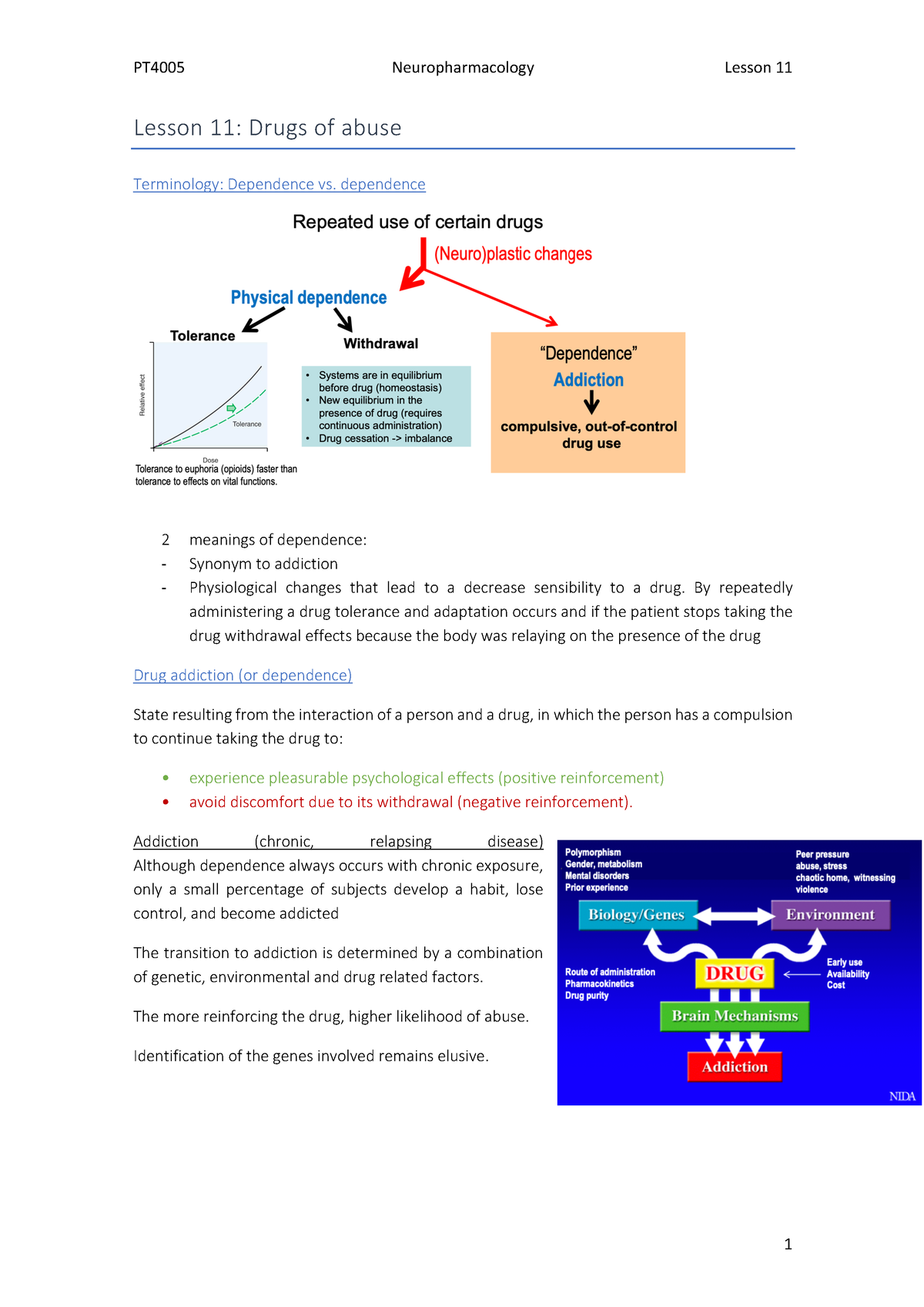 Pt4005 L11 Drugs Of Abuse Lesson 11 Drugs Of Abuse Terminology Dependence Vs Dependence 2 Studocu