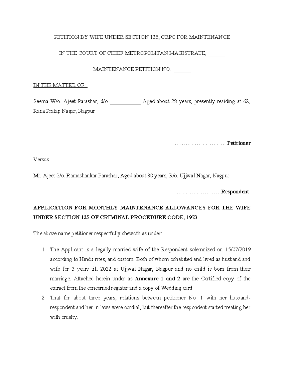 Petition BY WIFE Under Section 125 - PETITION BY WIFE UNDER SECTION 125 ...