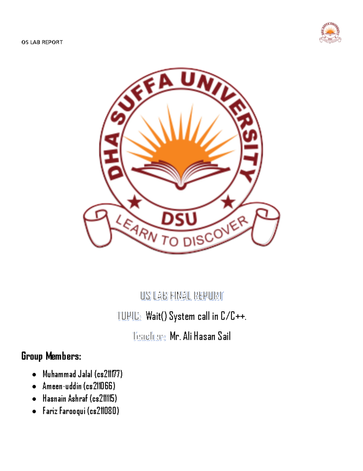 LAb report Wait() System call in C/C++. Mr. Ali Hasan Sail Group