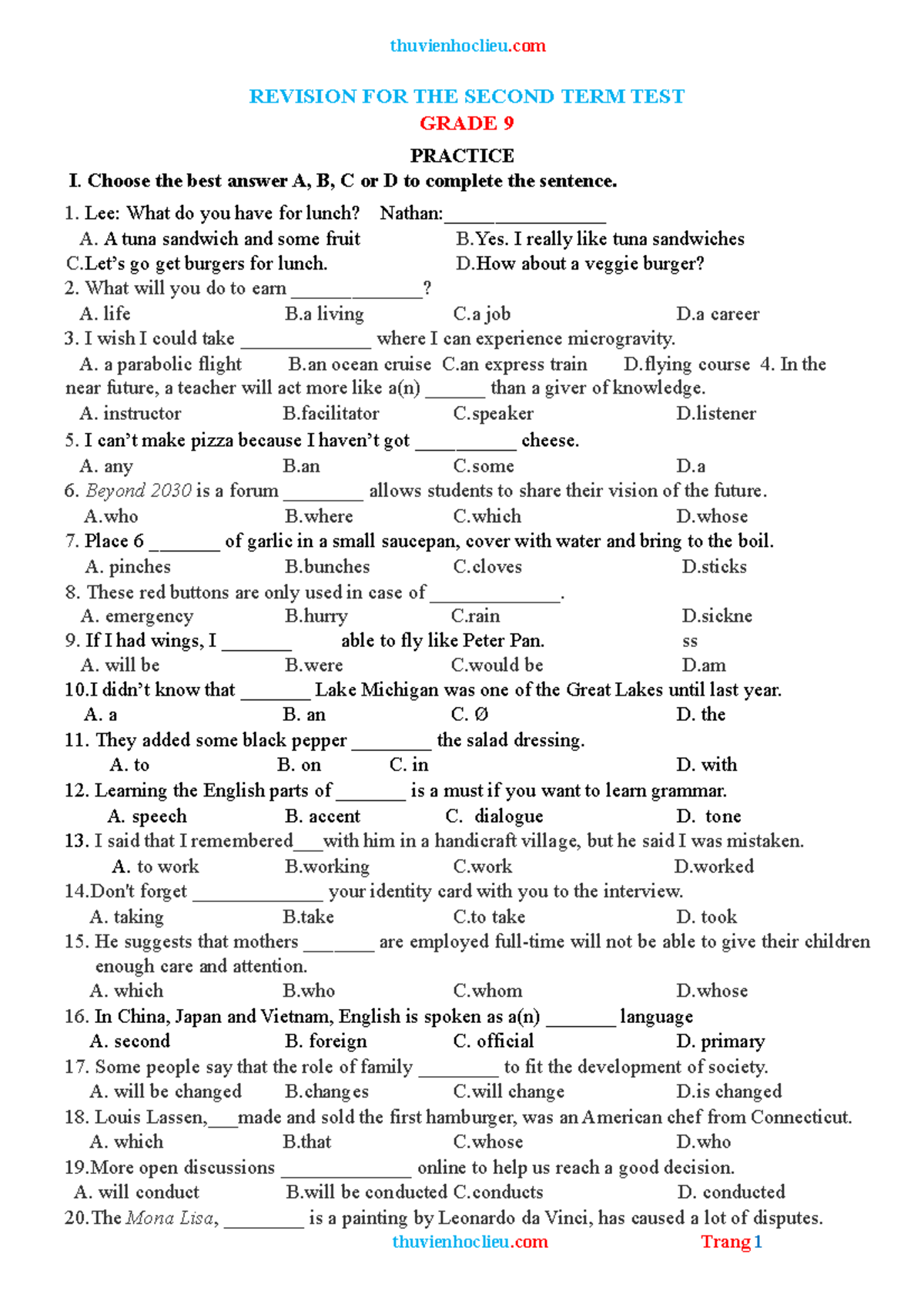Thuvienhoclieu - english book - REVISION FOR THE SECOND TERM TEST GRADE ...