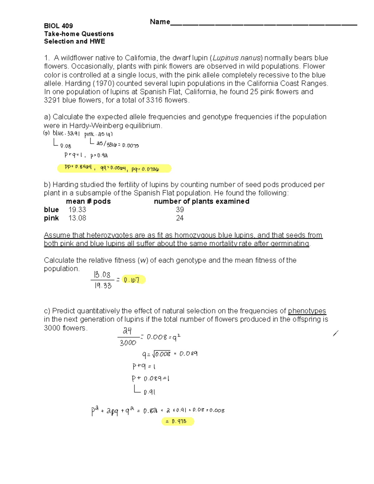 Selection and HWE Assignment - BIOL 409 Take-home Questions Selection ...