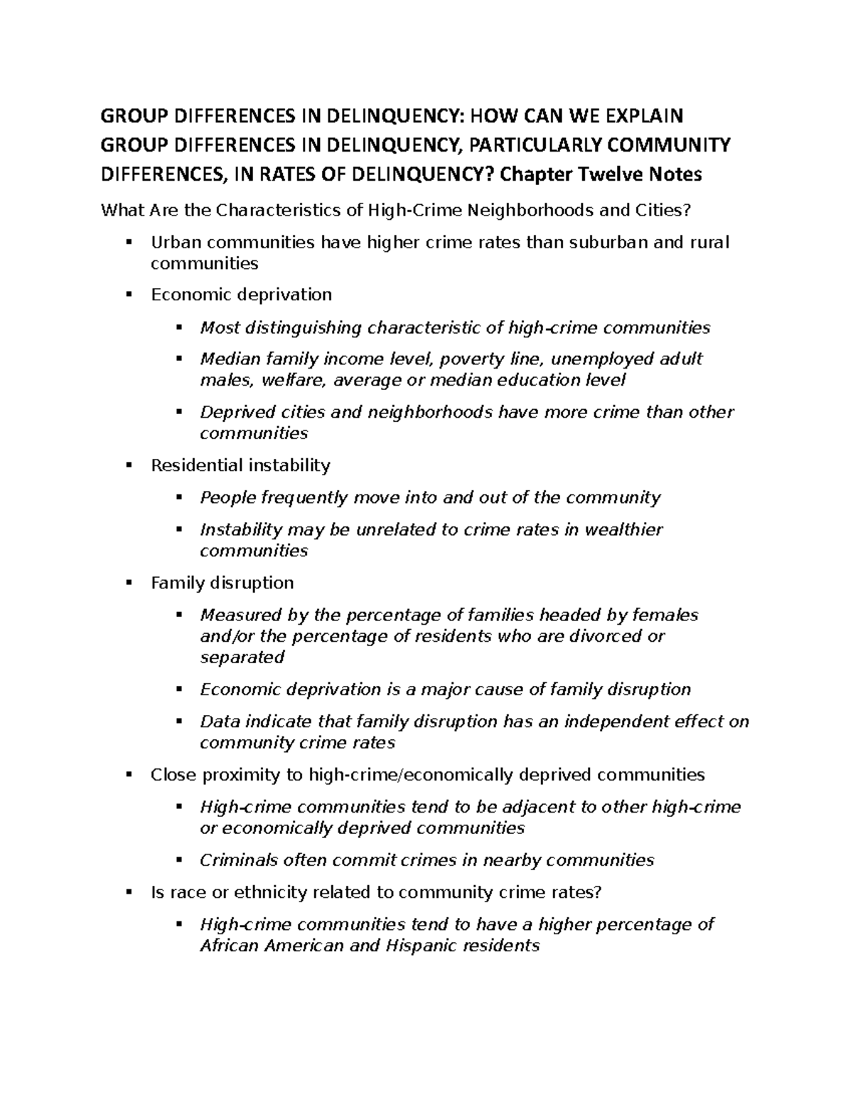 Juvenile Delinquency Ch.12 Notes GROUP DIFFERENCES IN DELINQUENCY