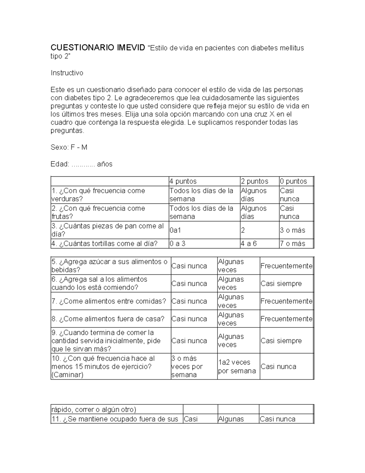 Cuestionario Imevid - CUESTIONARIO IMEVID "Estilo de vida en pacientes ...