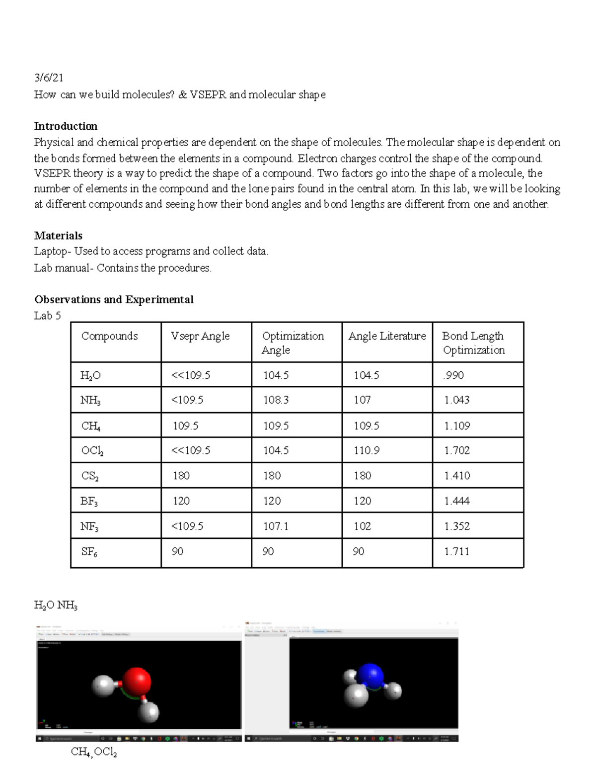 Lab report 5 & 6 3/6/ How can we build molecules? & VSEPR and